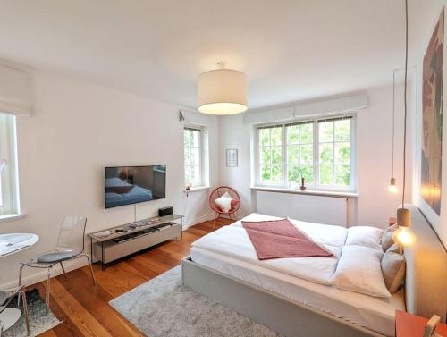 a white bedroom with a large bed and a tv at Stylisches Villa-Apartment in Schlossgartennähe in Schwerin