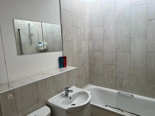 La salle de bains est pourvue d'un lavabo, de toilettes et d'un miroir. dans l'établissement Entire Flat in Euston-Kings Cross, à Londres