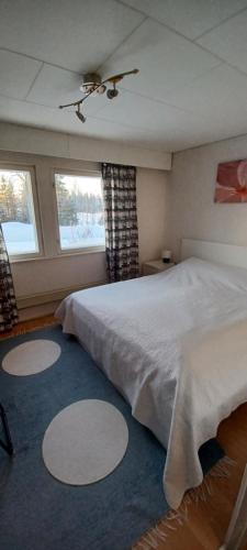 a bedroom with a large bed and two windows at RELAX, Heart of nature and lakes in Hyrynsalmi