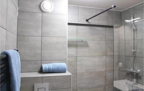 een badkamer met een douche en een blauwe handdoek bij Nice Apartment In Bruinisse With 1 Bedrooms And Wifi in Bruinisse