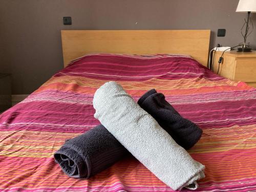 łóżko z dwoma ręcznikami na górze w obiekcie Gite cosy 25 min Lyon Vienne St Etienne w mieście Longes
