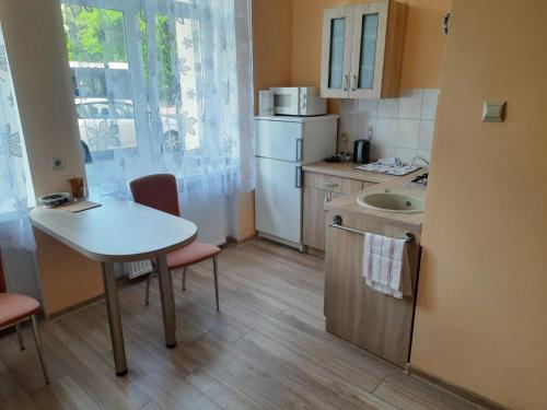 a small kitchen with a table and a sink at Startpunkt in Kołobrzeg
