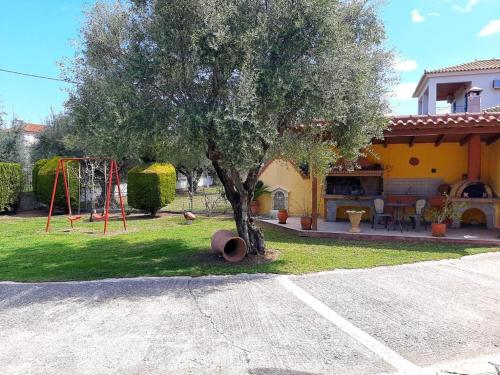 a tree in front of a house with a playground at Vasiliki's House Zacharo , 27054 , Ilias in Zakharo