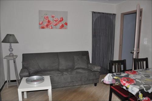 un salon avec un canapé et une table dans l'établissement ferme bernicat 2275 chemin de piegon, à Puyméras