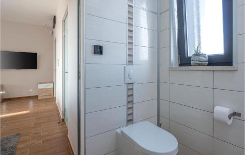 a white bathroom with a toilet and a window at Nice Home In Galizana With 3 Bedrooms, Outdoor Swimming Pool And Jacuzzi in Galižana