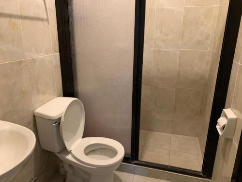 a bathroom with a toilet and a shower at Airport View Hotel in Vigan