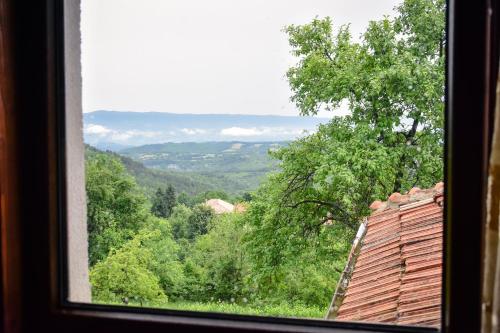 uma janela com vista para uma floresta de árvores em Дядо Петковата Къща em Elena