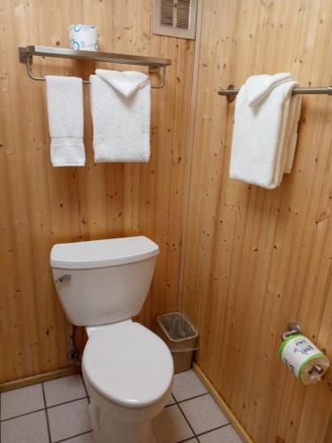 a bathroom with a toilet and towels on a wooden wall at Cliff Dweller on Lake Superior in Tofte