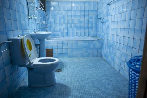 Baño de azulejos azules con aseo y lavamanos en La Maison du Bonheur en Duala