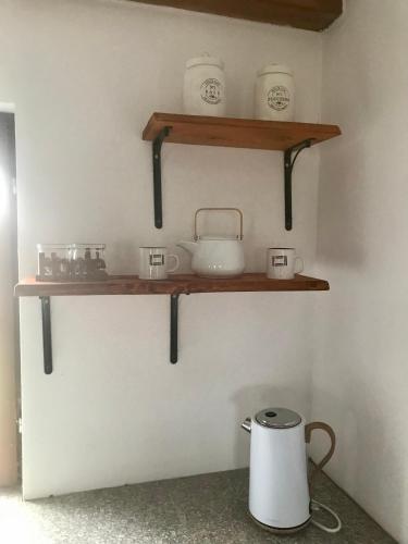a kitchen with wooden shelves on a wall at Chaloupka Stanětice in Zahořany