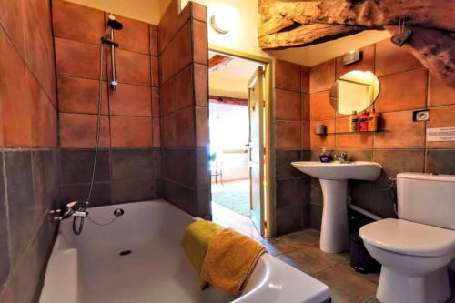 ein Badezimmer mit Badewanne, Toilette und Waschbecken in der Unterkunft La Fermette, Le Banquet aux Eyzies in Le Repaire