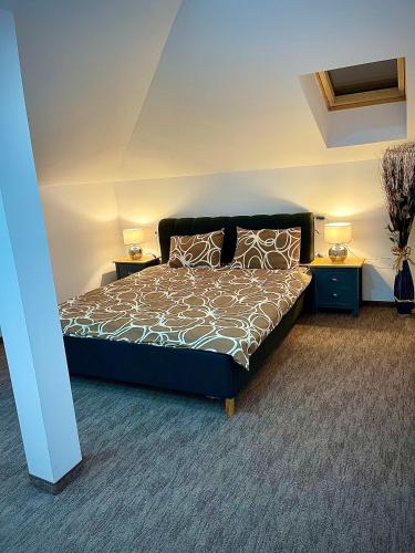 a bedroom with a bed with two night stands and two lamps at Cozy Apartament with 2Rooms in Timişoara