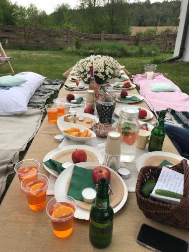 uma mesa com pratos de comida e garrafas de cerveja em Siedlisko Barycz Kolonia, dom z 2 pokojami z terenem 2 hektary wśród lasów i łąk em Zwoleń