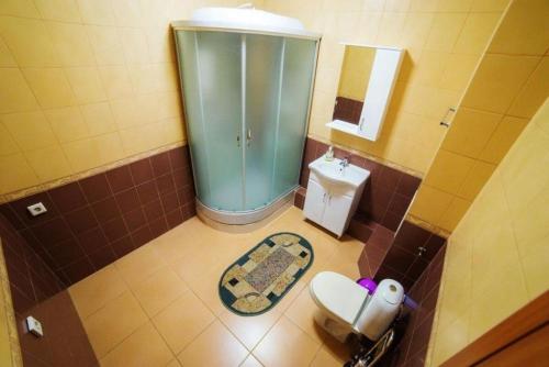 La salle de bains est pourvue d'une douche en verre et de toilettes. dans l'établissement Уютные апартаменты, à Almaty