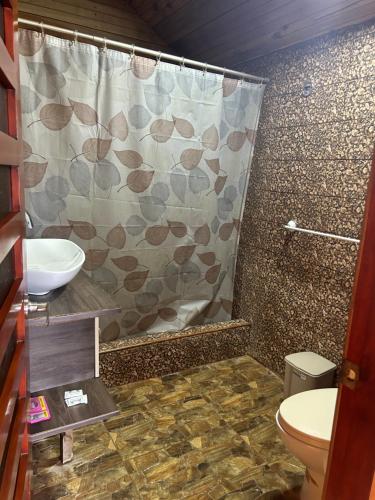 a bathroom with a shower and a toilet and a sink at Room Papagayo - Ayampe in Ayampe