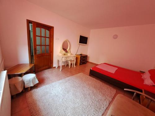 a bedroom with a bed and a table with a mirror at Apartament un dormitor și living la curte Corbu in Corbu