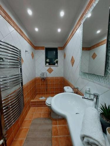 a bathroom with a tub and a toilet and a sink at Dimitra's Villa in Evia, Greece in Loukísia
