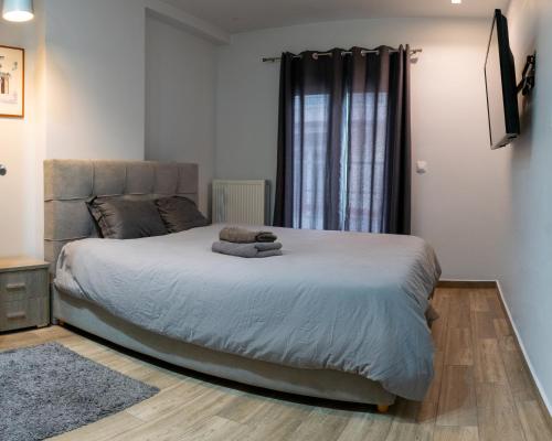 1 dormitorio con 1 cama grande y toallas. en Alexandros, en Tesalónica