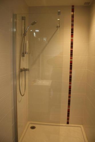 une douche avec une porte vitrée dans une salle de bain dans l'établissement A proximité du futuroscope et des marais poitevin, à Rouillé