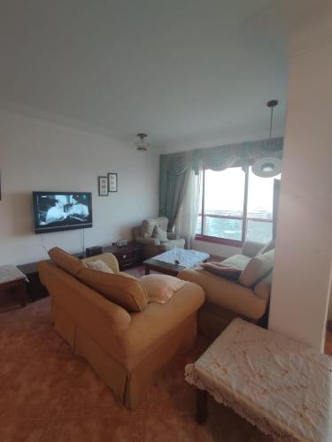 a living room with couches and a flat screen tv at شقة ايفو ترى المنتزه بالكامل in Alexandria
