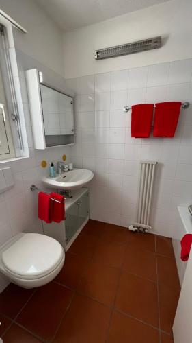 a bathroom with a toilet and a sink and red towels at AsconaDolceVita in Ascona