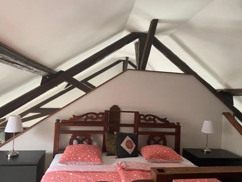 um quarto com uma cama com almofadas vermelhas em Castle View Menthon em Menthon-Saint-Bernard