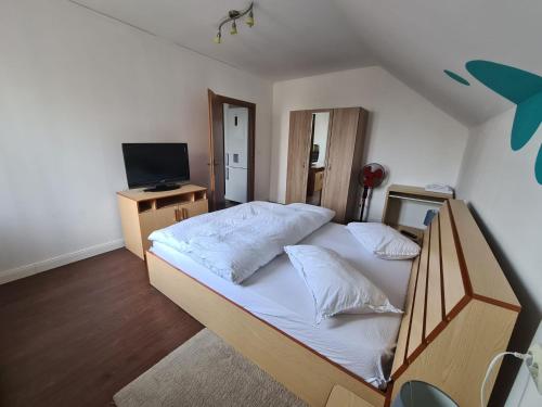 een slaapkamer met een groot bed en een televisie bij Nosen Apartment in Bistriţa