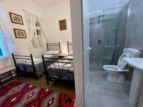 uma casa de banho com um chuveiro, um WC e um lavatório. em InTown Guesthouse Shkoder em Shkodër