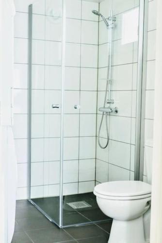 a bathroom with a shower and a toilet at Charming little country house in central Älmhult in Älmhult