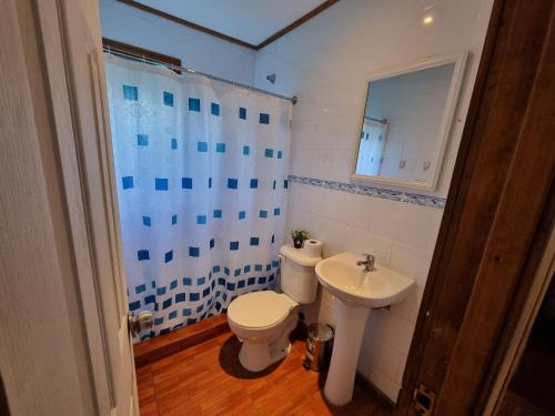 a bathroom with a toilet and a sink at Cabañas Villa Paradiso Salto del Laja in Los Ángeles