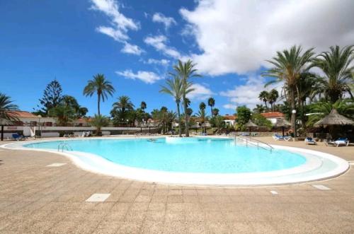 una piscina en un complejo con palmeras en Excelente Bungalow en Maspalomas, en San Bartolomé