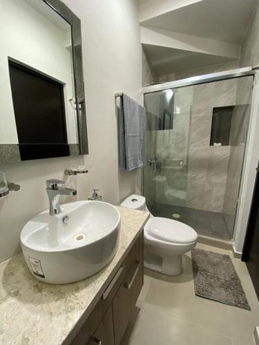 La salle de bains est pourvue d'un lavabo, de toilettes et d'une douche. dans l'établissement Beautiful new house with pool club, à Los Bledales