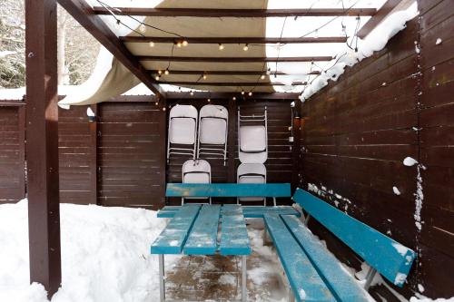 ブシュテニにあるCaraiman Hiveの床に雪が降ったサウナとベンチが備わります。