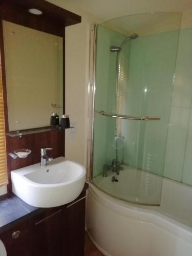 a bathroom with a sink and a shower and a tub at Exe View Retreat in Dawlish Warren
