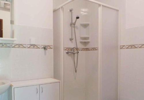 y baño con ducha y puerta de cristal. en Apartman Krčina, en Krnica