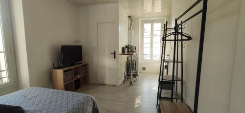 ein Schlafzimmer mit einem Bett und einem TV in der Unterkunft APPARTEMENT CANNES MONTFLEURY in Cannes