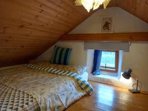 ein Schlafzimmer mit einem Bett und einem Fenster im Dachgeschoss in der Unterkunft Druid cottage in Glendree