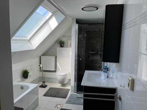 uma casa de banho com um lavatório, um chuveiro e um WC. em Perle am Ijsselmeer mit eigenem Tretboot em Medemblik