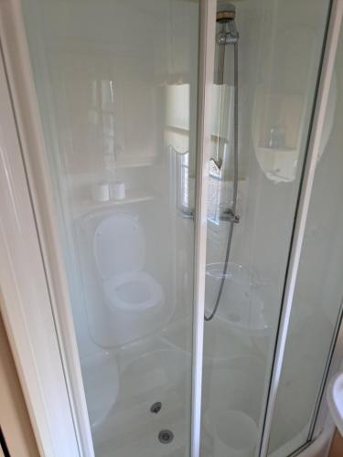 y baño con ducha y puerta de cristal. en Windermere, en Morecambe