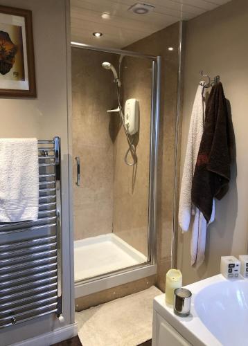 a bathroom with a shower and a sink at Karibu Cottage near the airport in Edinburgh