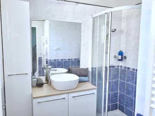 a bathroom with a sink and a shower at L'agapanthe in Saint-Gildas-de-Rhuys