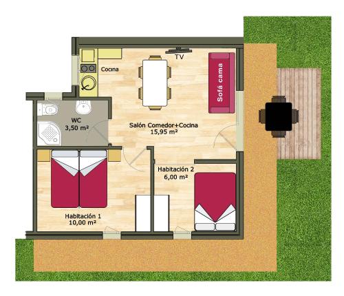 a floor plan of a small house with pink at Veragua. Glamping y Apartamentos turísticos in Villanueva de la Vera