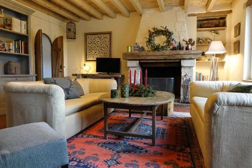 a living room with a couch and a table and a fireplace at Le Montillon in Tour-en-Sologne