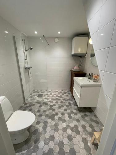 een witte badkamer met een toilet en een wastafel bij Lilla Villan in Höganäs