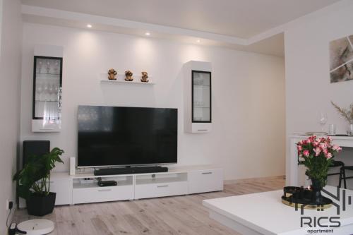 een woonkamer met een grote televisie aan een witte muur bij Rics Apartment in Valga