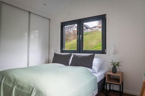 恩基爾希的住宿－Velo & Wohnen -NEU- Elektroräder inklusive-Sauna-Moselblick，一间卧室设有一张床和两个窗户。