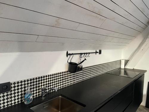 a kitchen with a sink and black and white tiles at Peter House in Nivelles