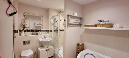 y baño con aseo, lavabo y ducha. en GOLD Penthouse Room 5min to Basingstoke Hospital, en Basingstoke