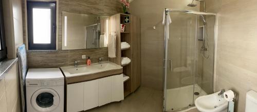 ein Badezimmer mit einem Waschbecken und einer Waschmaschine in der Unterkunft Casa Bela Vista in Ponta Delgada