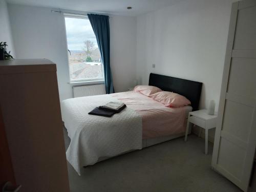 Schlafzimmer mit einem Bett mit rosa Kissen und einem Fenster in der Unterkunft Spacious & Serene Stay in London in Forest Hill